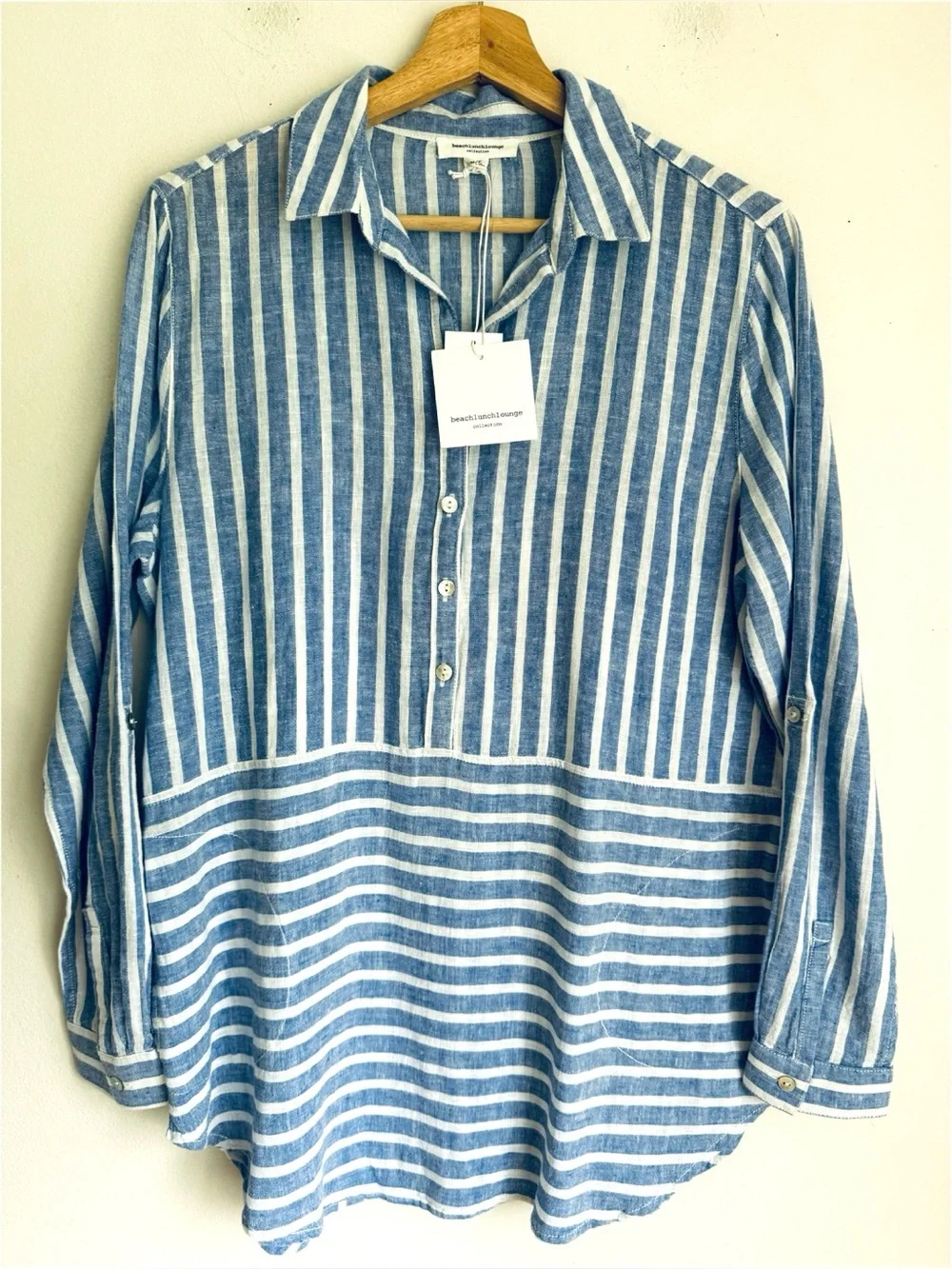 NWT BeachLunchLounge Anthropologie Chelsea Blue & White Striped Linen Shirt